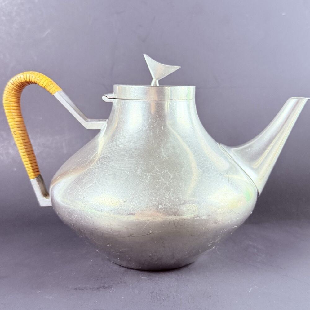 Reed & Barton Pewter MCM Coffee Tea Pot Set Danish Modern Rattan Handle Atomic - Picture 3 of 16